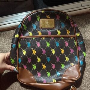 Vintage U.S. Polo Assn. Brown Backpack with Colorful Logo Pattern